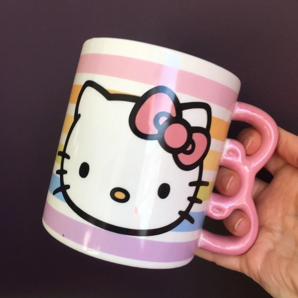 Hello Kitty Pastel Stripe, Bow Handle Coffee Mug, White, Pink, 20 oz